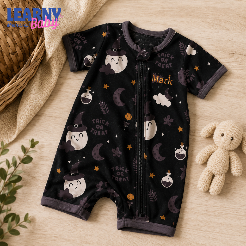 Personalized Halloween Bamboo Baby Convertible Zippy, Custom Name Ghost Pumpkin Romper, Baby Boy Girl Halloween Pajamas