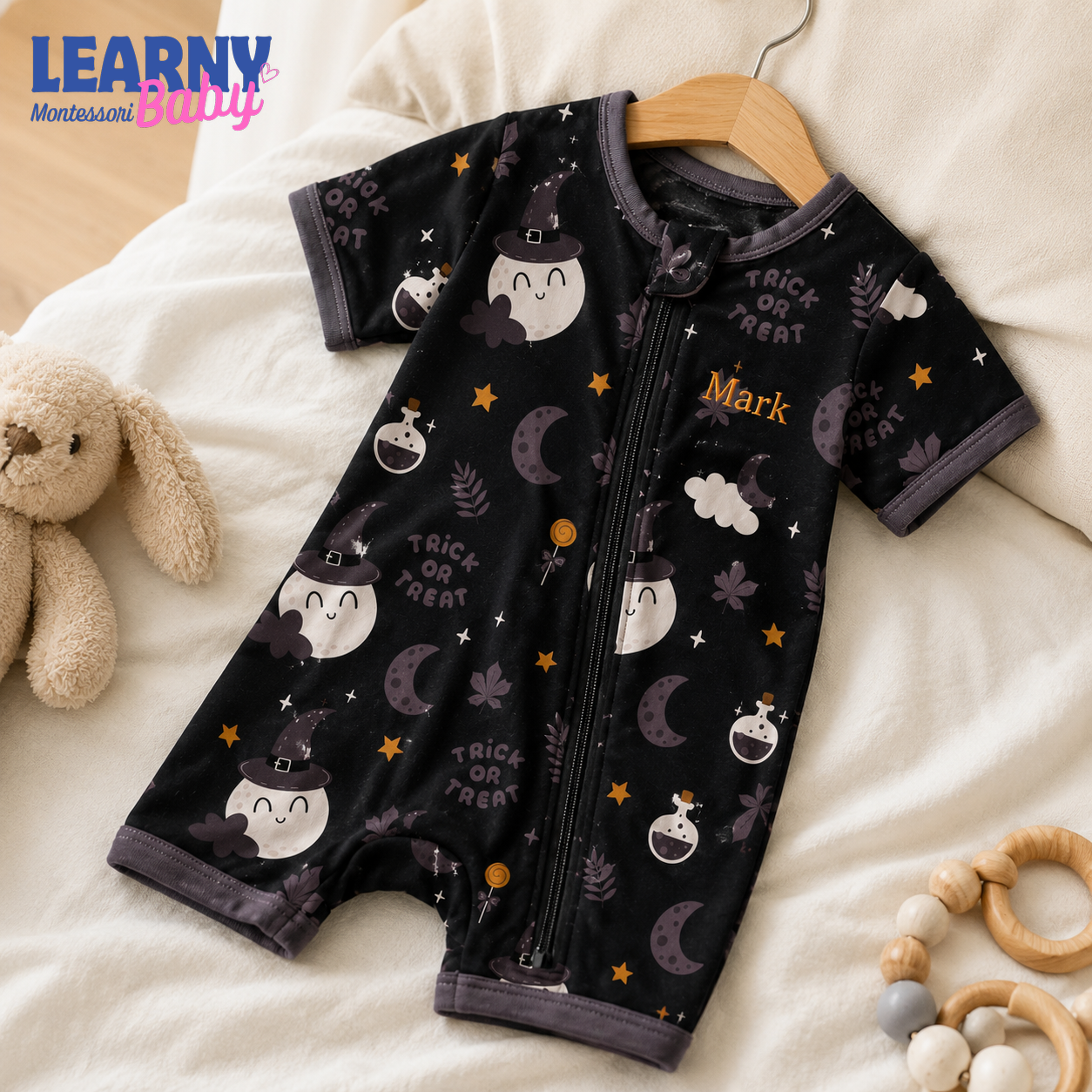 Personalized Halloween Bamboo Baby Convertible Zippy, Custom Name Ghost Pumpkin Romper, Baby Boy Girl Halloween Pajamas