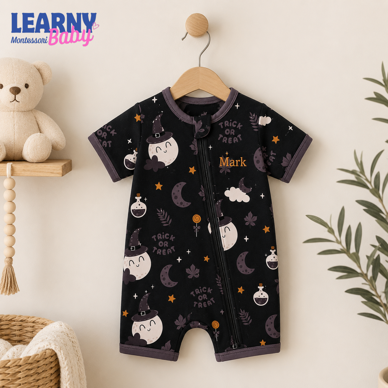 Personalized Halloween Bamboo Baby Convertible Zippy, Custom Name Ghost Pumpkin Romper, Baby Boy Girl Halloween Pajamas