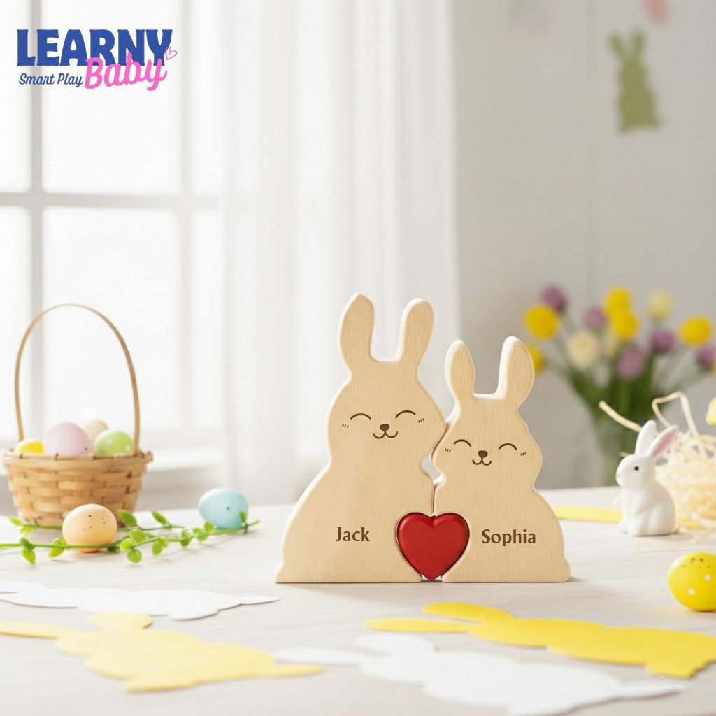 Easter Bunny Wooden Family Puzzle Sign, Personalized Names Rabbit Puzzle, Handmade Easter Day Gift, Spring Table Decor, Family Keepsake