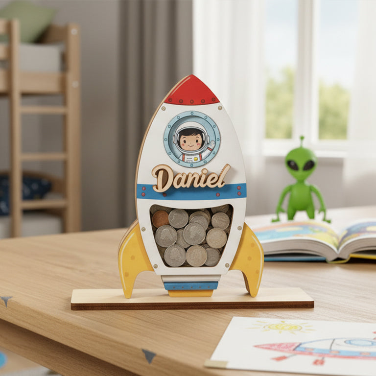 Personalized Space Rocket Piggy Bank, Wooden Coin Bank for Kids, Custom Name, Toddler Birthday Gift, Nursery Decor, Gift for Boys Girls
