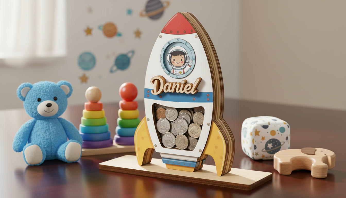 Personalized Space Rocket Piggy Bank, Wooden Coin Bank for Kids, Custom Name, Toddler Birthday Gift, Nursery Decor, Gift for Boys Girls