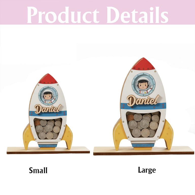 Personalized Space Rocket Piggy Bank, Wooden Coin Bank for Kids, Custom Name, Toddler Birthday Gift, Nursery Decor, Gift for Boys Girls