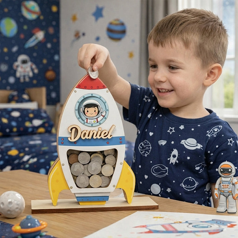 Personalized Space Rocket Piggy Bank, Wooden Coin Bank for Kids, Custom Name, Toddler Birthday Gift, Nursery Decor, Gift for Boys Girls
