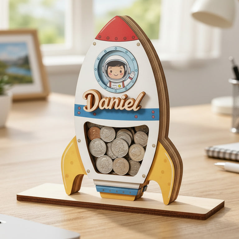 Personalized Space Rocket Piggy Bank, Wooden Coin Bank for Kids, Custom Name, Toddler Birthday Gift, Nursery Decor, Gift for Boys Girls