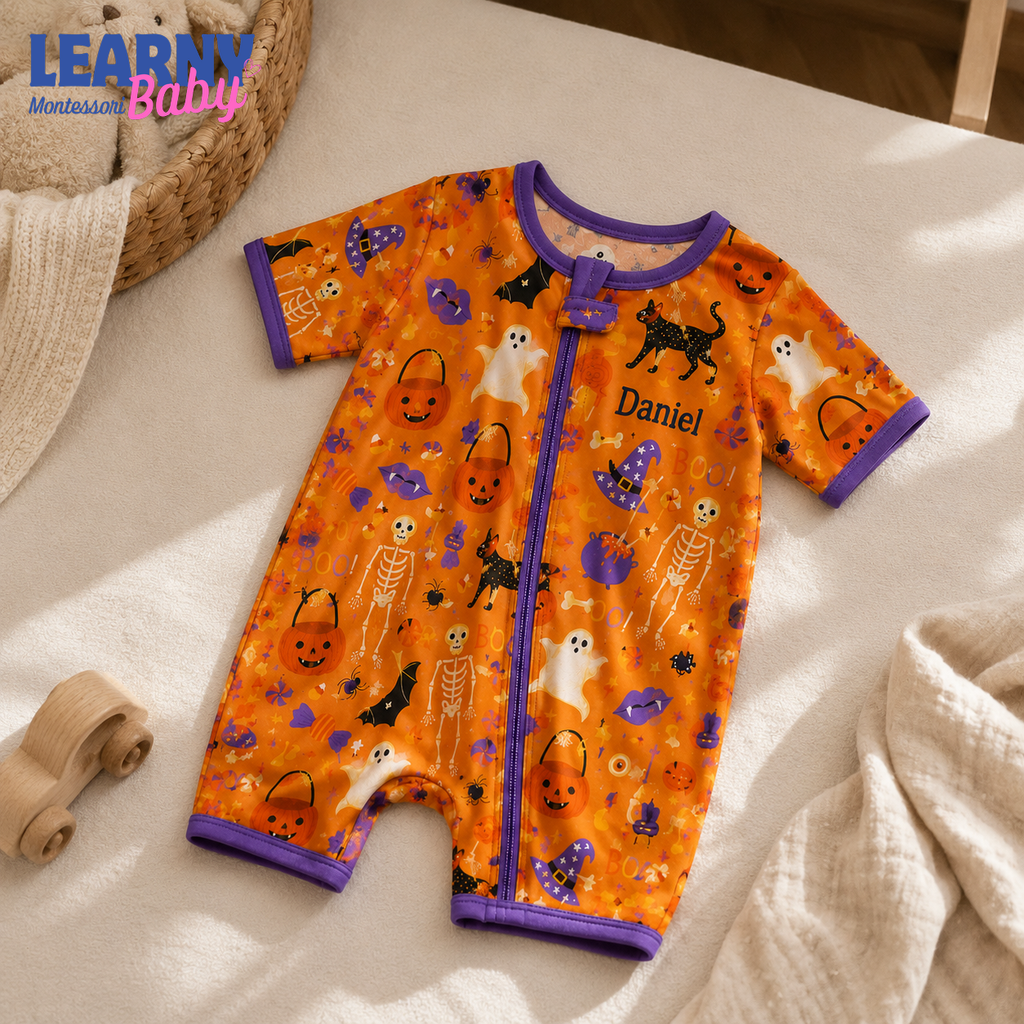 Personalized Halloween Bamboo Baby Convertible Zippy, Custom Name Pumpkin Ghost Cat Sleeper, Baby Halloween Outfit