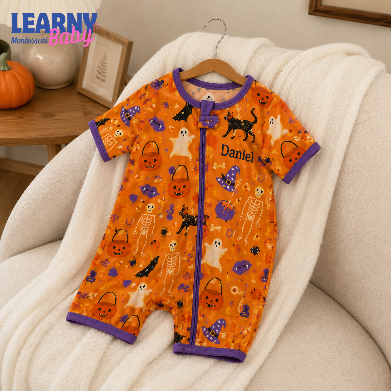 Personalized Halloween Bamboo Baby Convertible Zippy, Custom Name Pumpkin Ghost Cat Sleeper, Baby Halloween Outfit
