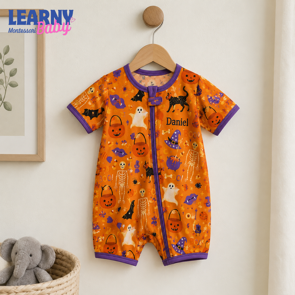 Personalized Halloween Bamboo Baby Convertible Zippy, Custom Name Pumpkin Ghost Cat Sleeper, Baby Halloween Outfit