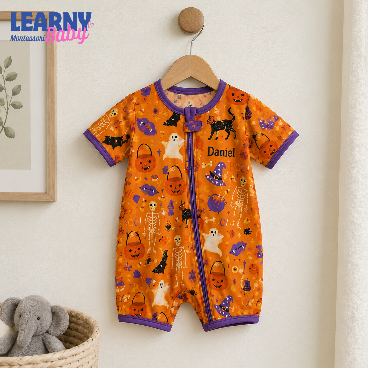 Personalized Halloween Bamboo Baby Convertible Zippy, Custom Name Pumpkin Ghost Cat Sleeper, Baby Halloween Outfit