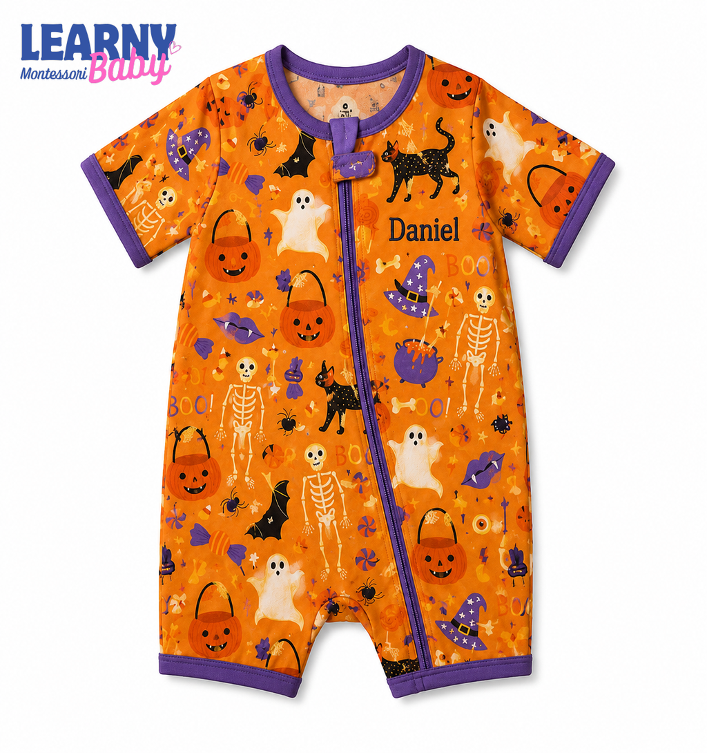 Personalized Halloween Bamboo Baby Convertible Zippy, Custom Name Pumpkin Ghost Cat Sleeper, Baby Halloween Outfit