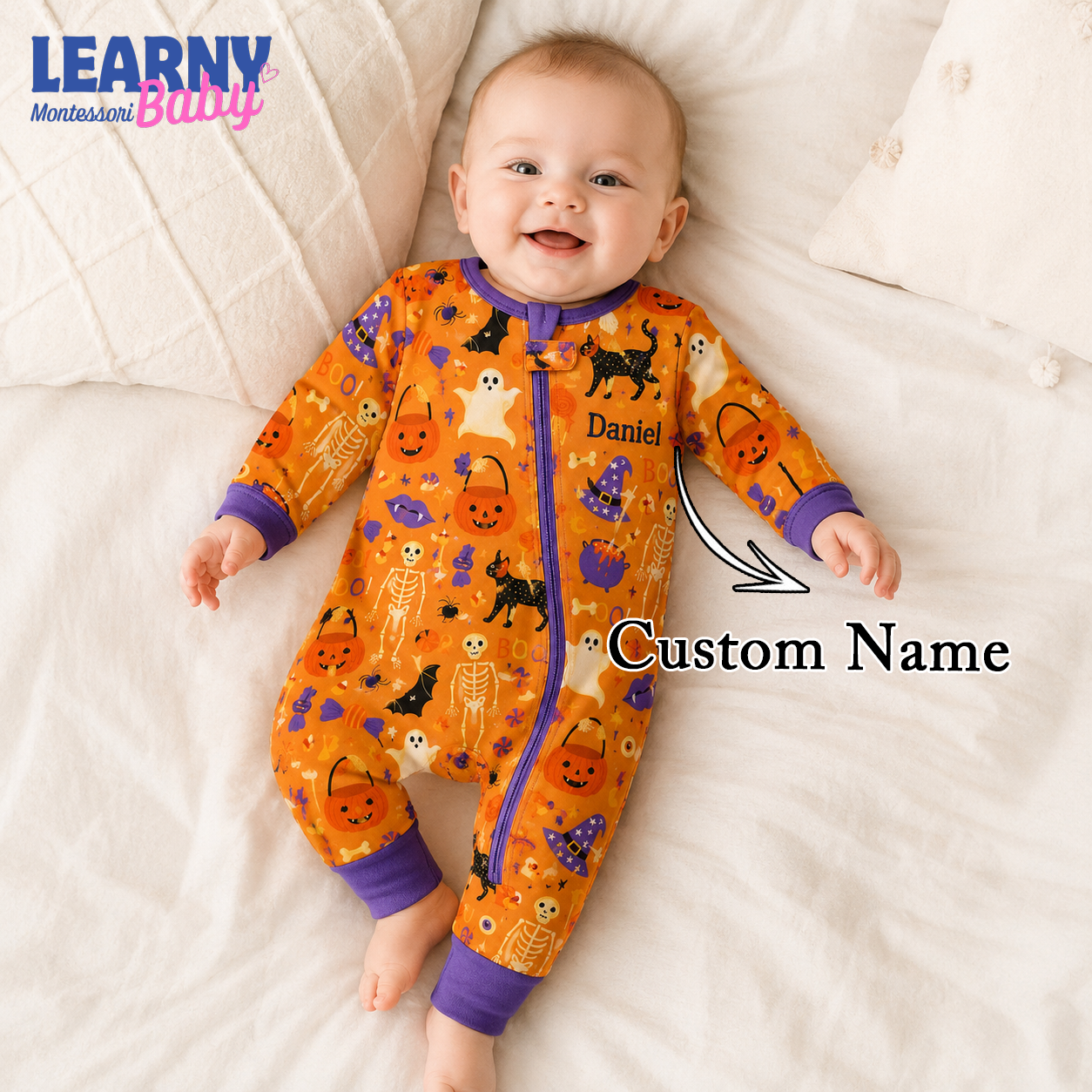 Personalized Halloween Bamboo Baby Convertible Zippy, Custom Name Pumpkin Ghost Cat Sleeper, Baby Halloween Outfit