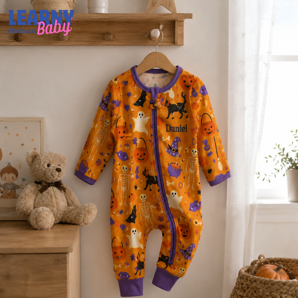Personalized Halloween Bamboo Baby Convertible Zippy, Custom Name Pumpkin Ghost Cat Sleeper, Baby Halloween Outfit