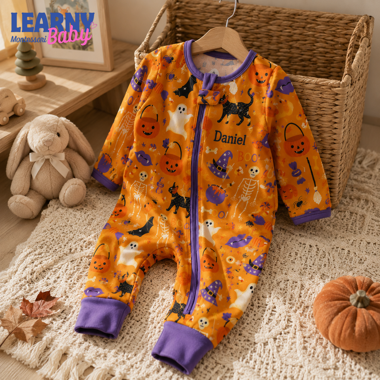 Personalized Halloween Bamboo Baby Convertible Zippy, Custom Name Pumpkin Ghost Cat Sleeper, Baby Halloween Outfit