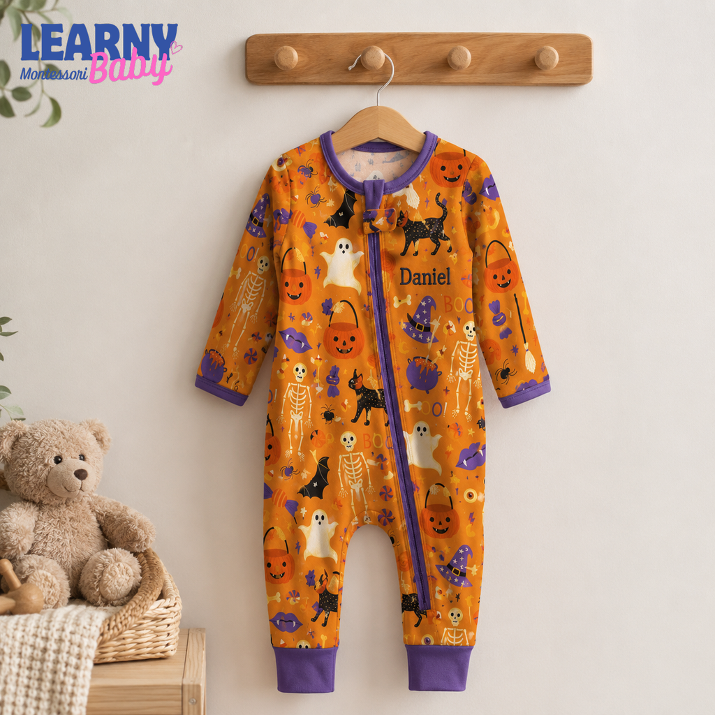 Personalized Halloween Bamboo Baby Convertible Zippy, Custom Name Pumpkin Ghost Cat Sleeper, Baby Halloween Outfit