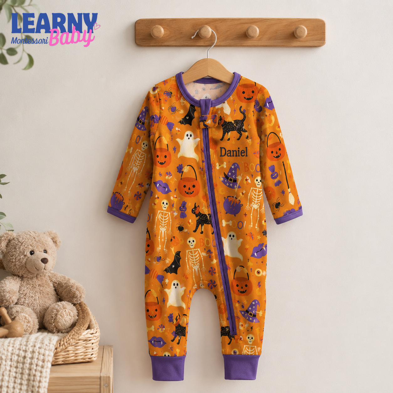 Personalized Halloween Bamboo Baby Convertible Zippy, Custom Name Pumpkin Ghost Cat Sleeper, Baby Halloween Outfit