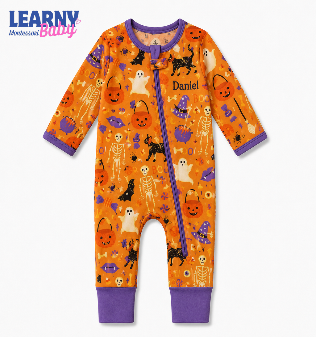 Personalized Halloween Bamboo Baby Convertible Zippy, Custom Name Pumpkin Ghost Cat Sleeper, Baby Halloween Outfit
