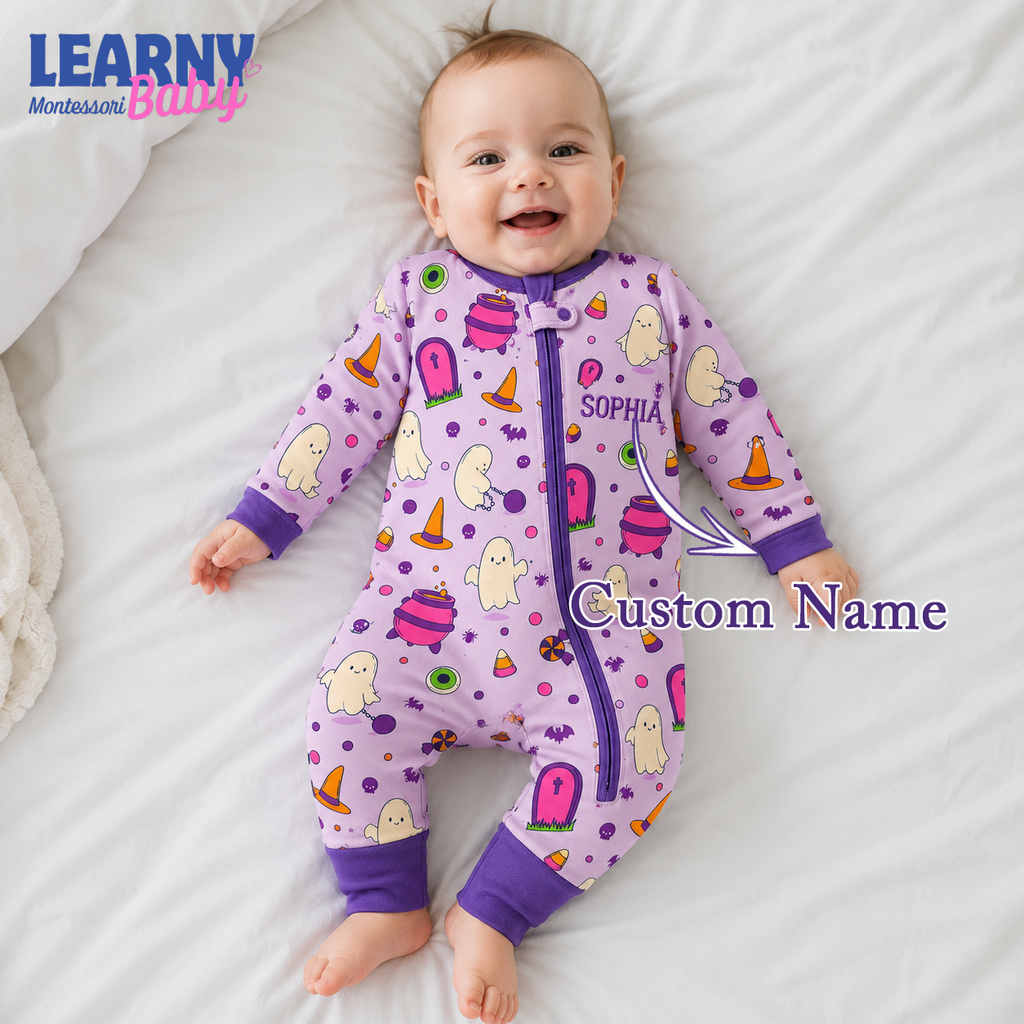 Personalized Purple Halloween Bamboo Baby Convertible Zippy, Custom Name Ghost Romper, Short Sleeve Baby Pajamas