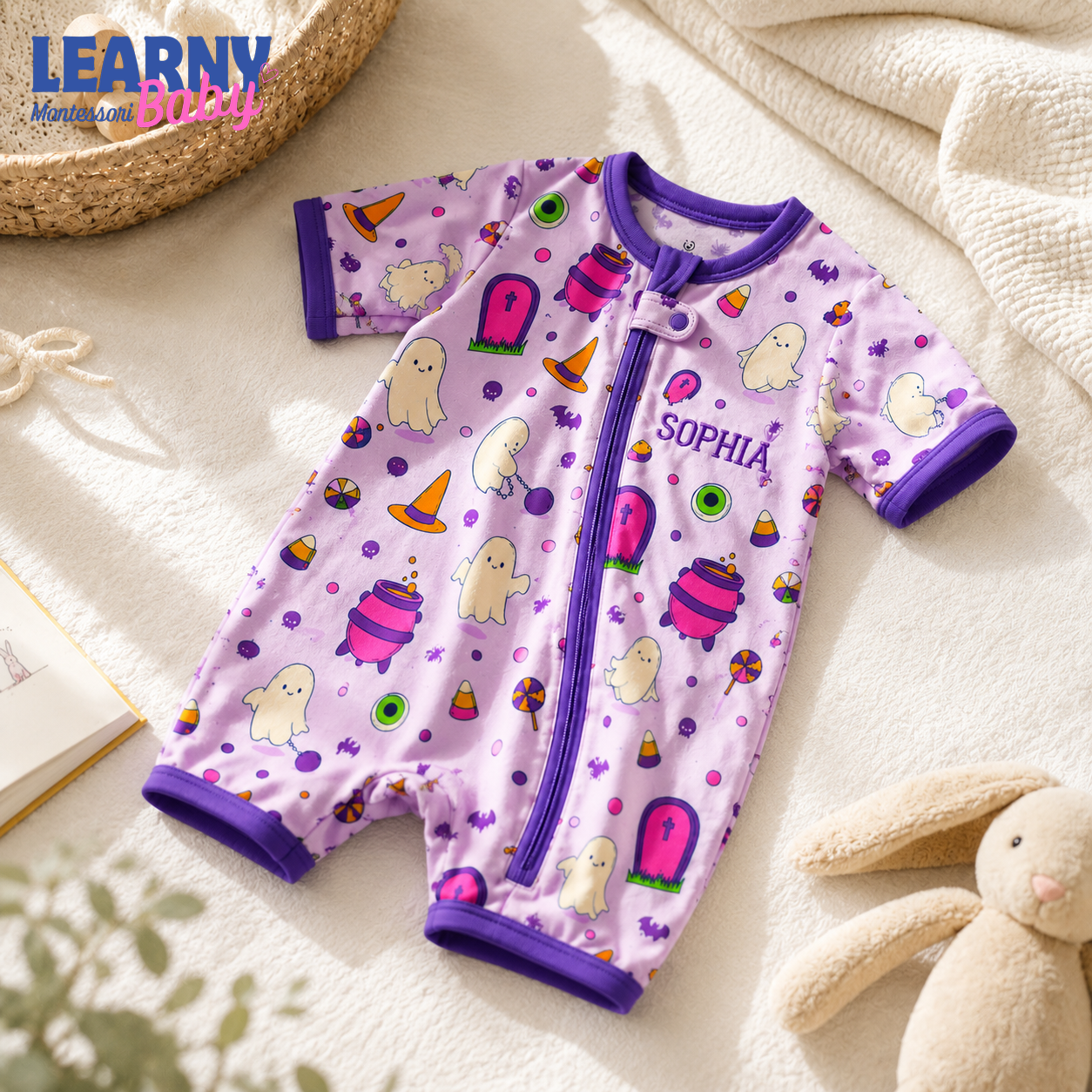 Personalized Purple Halloween Bamboo Baby Convertible Zippy, Custom Name Ghost Romper, Short Sleeve Baby Pajamas