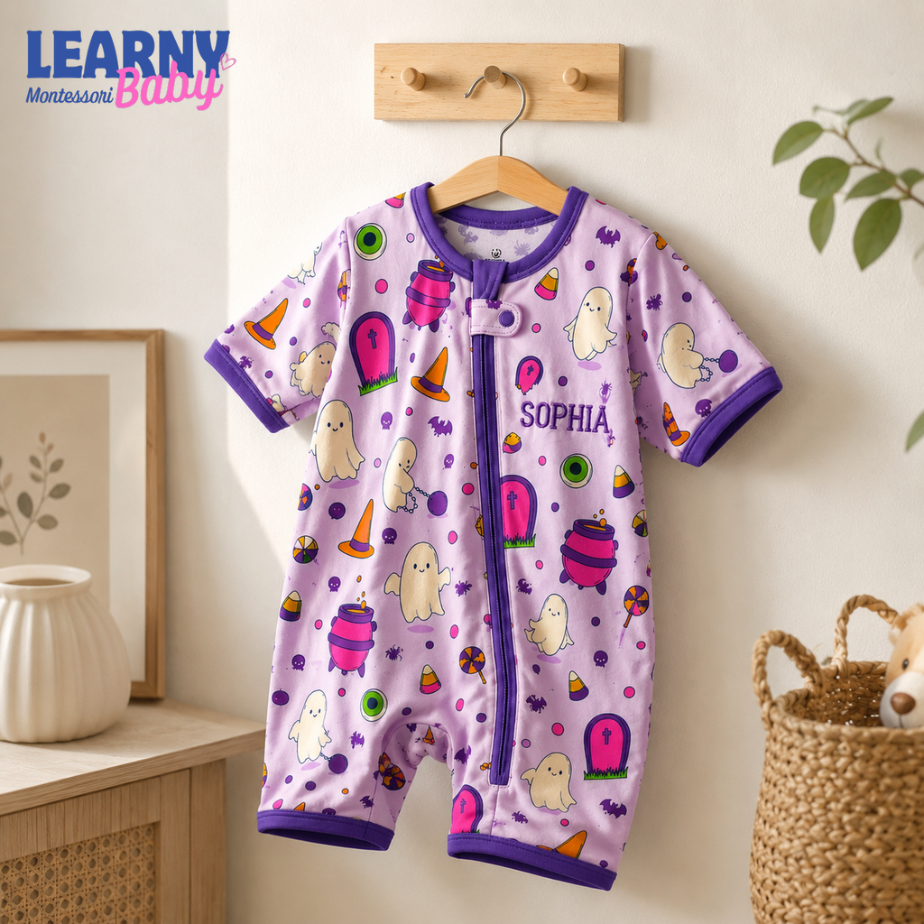 Personalized Purple Halloween Bamboo Baby Convertible Zippy, Custom Name Ghost Romper, Short Sleeve Baby Pajamas