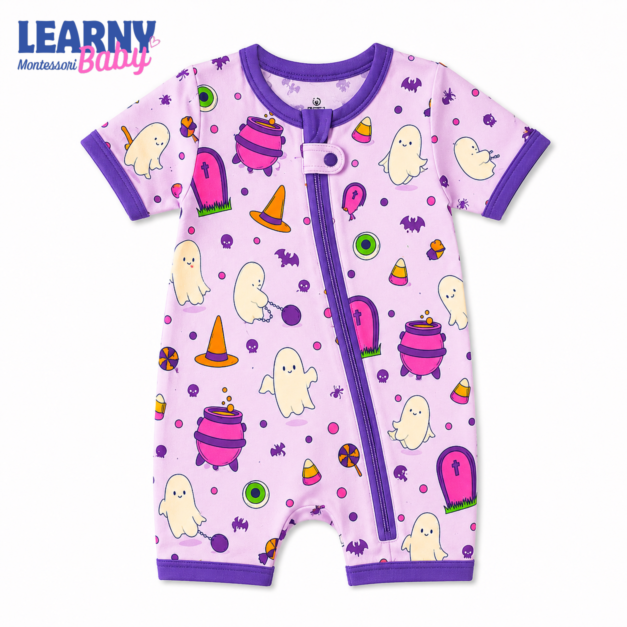 Personalized Purple Halloween Bamboo Baby Convertible Zippy, Custom Name Ghost Romper, Short Sleeve Baby Pajamas
