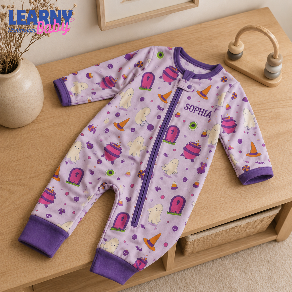 Personalized Purple Halloween Bamboo Baby Convertible Zippy, Custom Name Ghost Romper, Short Sleeve Baby Pajamas