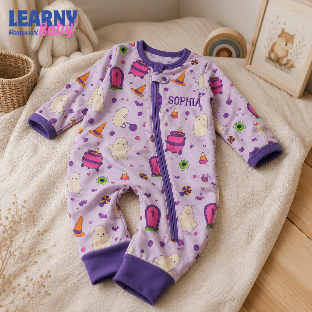 Personalized Purple Halloween Bamboo Baby Convertible Zippy, Custom Name Ghost Romper, Short Sleeve Baby Pajamas