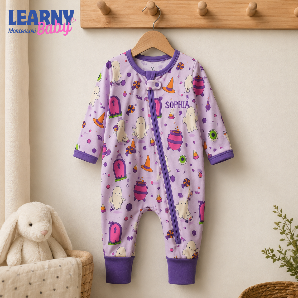 Personalized Purple Halloween Bamboo Baby Convertible Zippy, Custom Name Ghost Romper, Short Sleeve Baby Pajamas