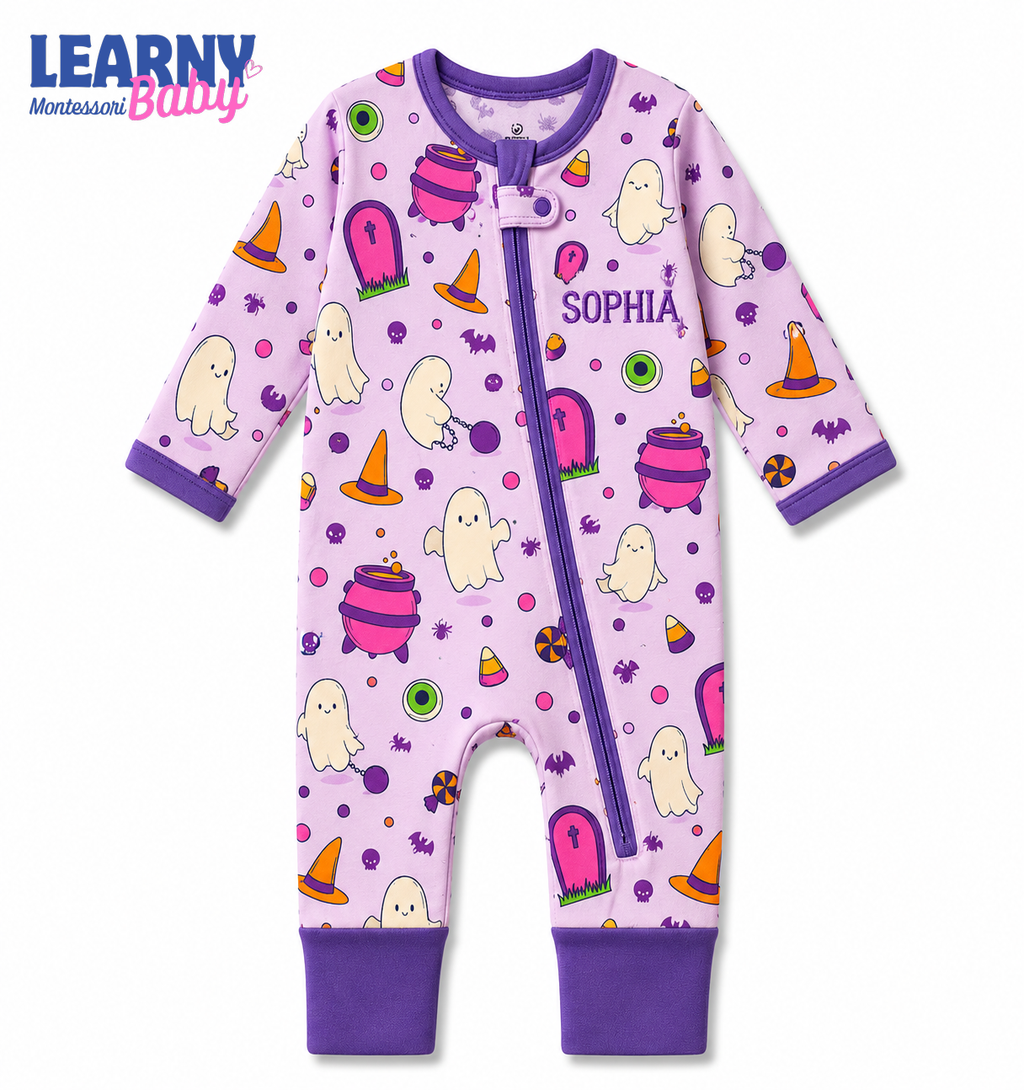 Personalized Purple Halloween Bamboo Baby Convertible Zippy, Custom Name Ghost Romper, Short Sleeve Baby Pajamas