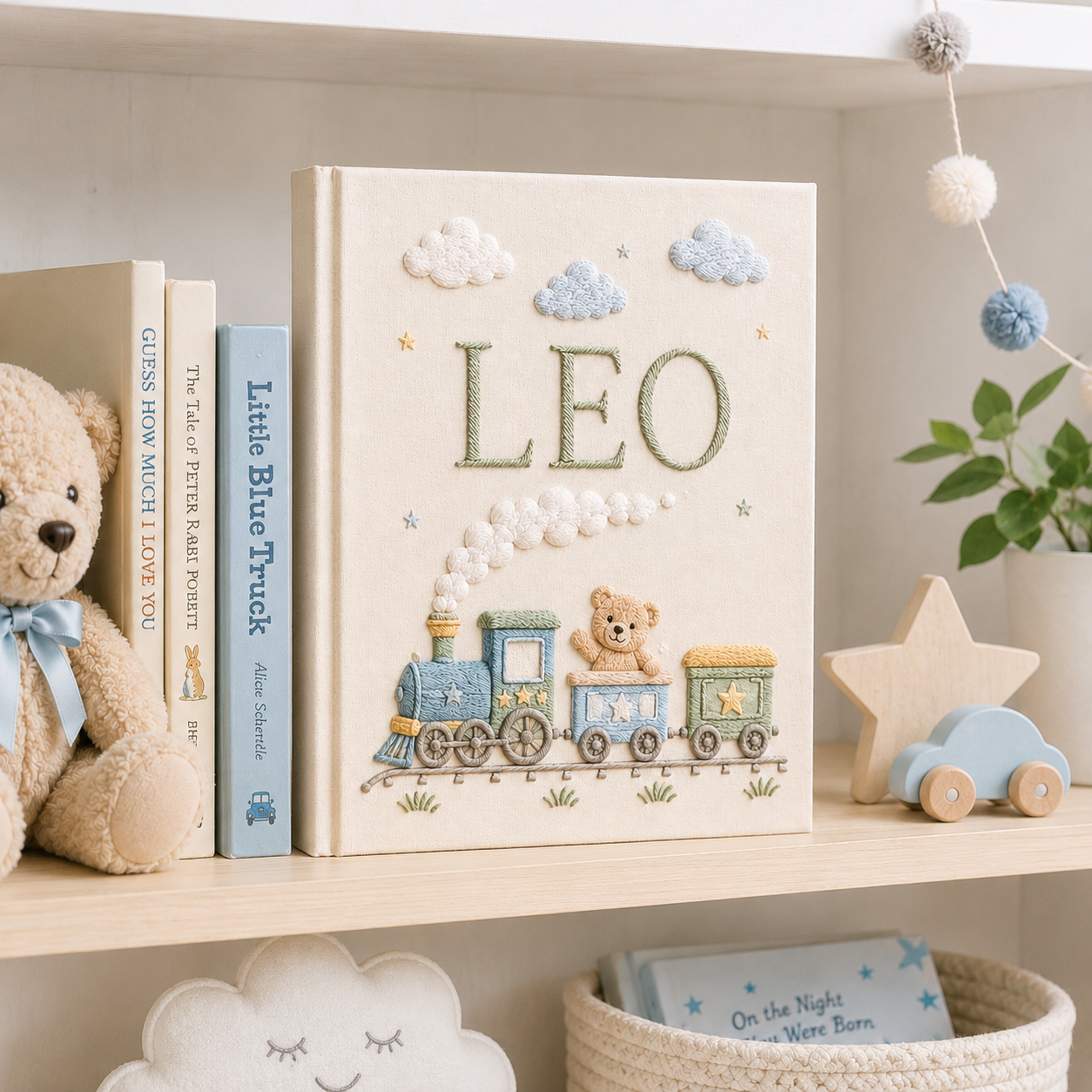 Personalized Flower Baby Photo Album, Custom Hand Embroidered Keepsake Album with Sleeves, Cute Linen Memory Book EPLB09