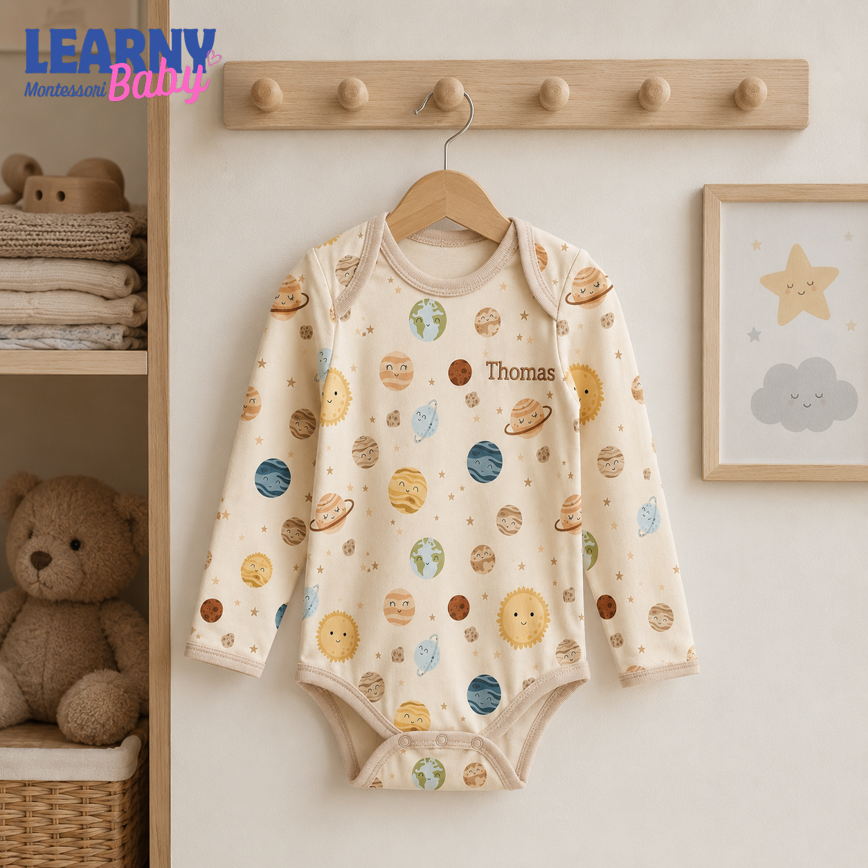 Bamboo Baby Bodysuit, Personalized Space Planet Baby Onesie, Soft Bamboo Viscose Infant Bodysuit