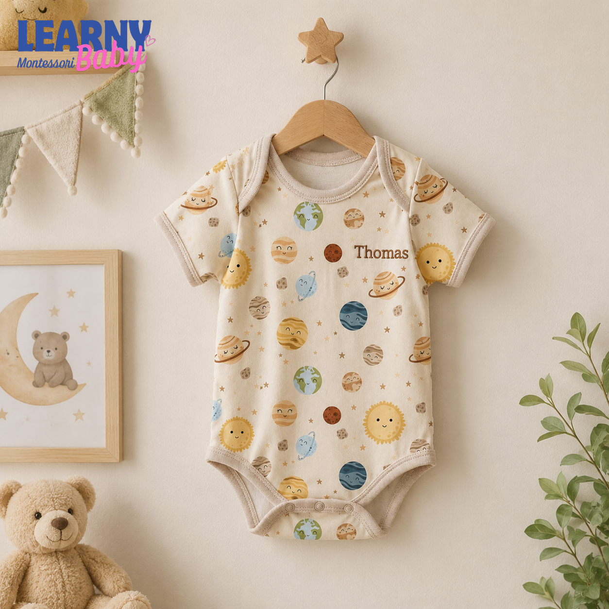 Bamboo Baby Bodysuit, Personalized Space Planet Baby Onesie, Soft Bamboo Viscose Infant Bodysuit