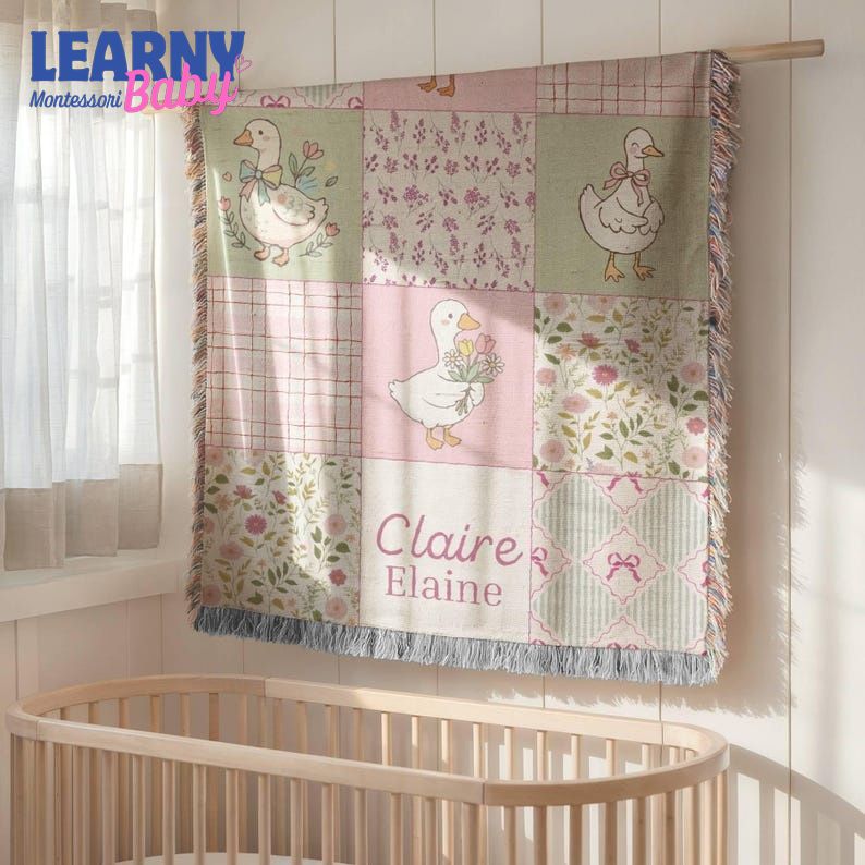 Personalized Goose Baby Woven Blanket, Custom Name Nursery Blanket, Floral Duck Baby Blanket, Vintage Farmhouse Baby Gift