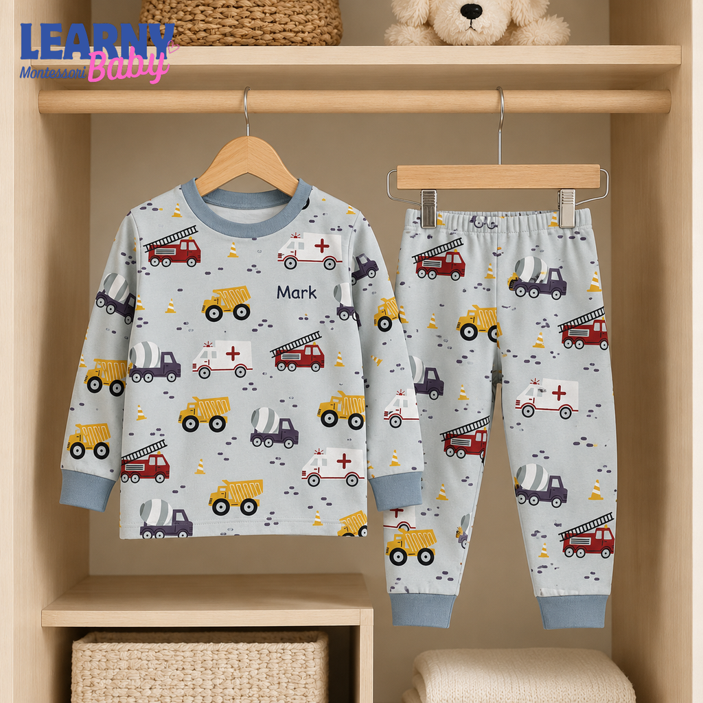 Personalized Construction Vehicle Bamboo Pajamas for Boys, Custom Name Truck Ambulance and Fire Engine Short Set