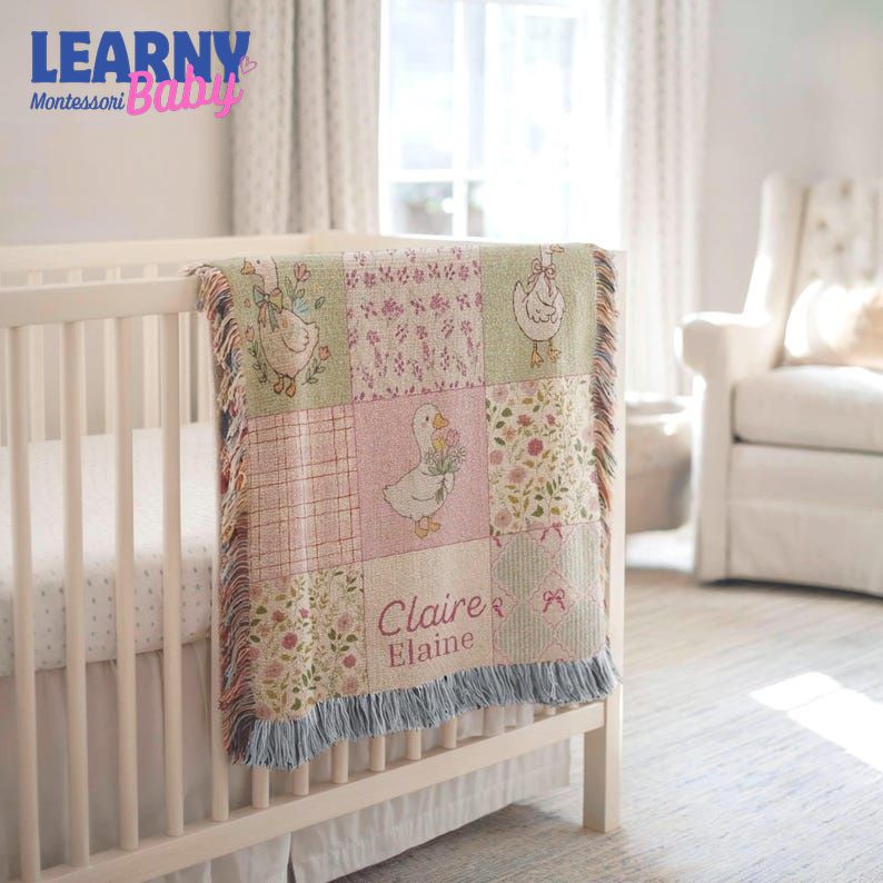 Personalized Goose Baby Woven Blanket, Custom Name Nursery Blanket, Floral Duck Baby Blanket, Vintage Farmhouse Baby Gift