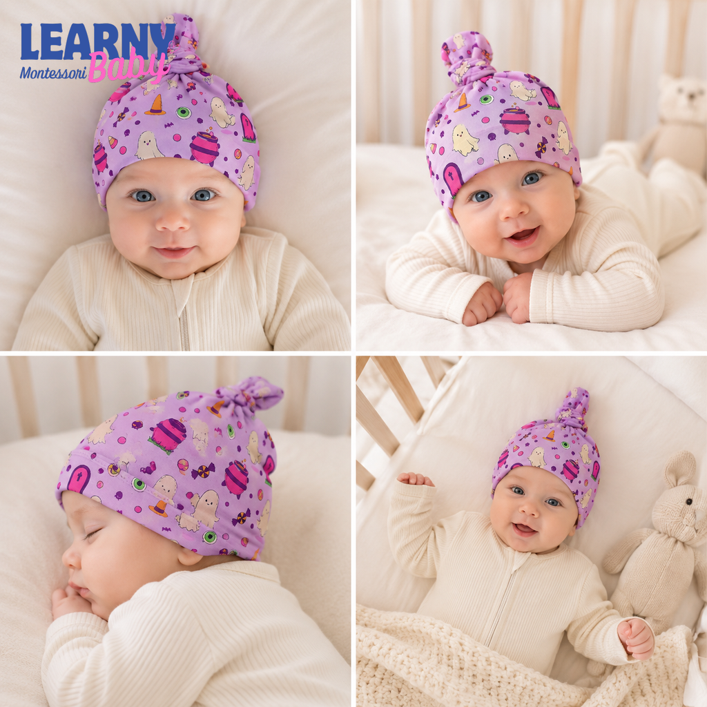 Purple Halloween Bamboo Baby Knotted Hat, Cute Ghost Witch Newborn Beanie, Baby Girl Halloween Hospital Hat