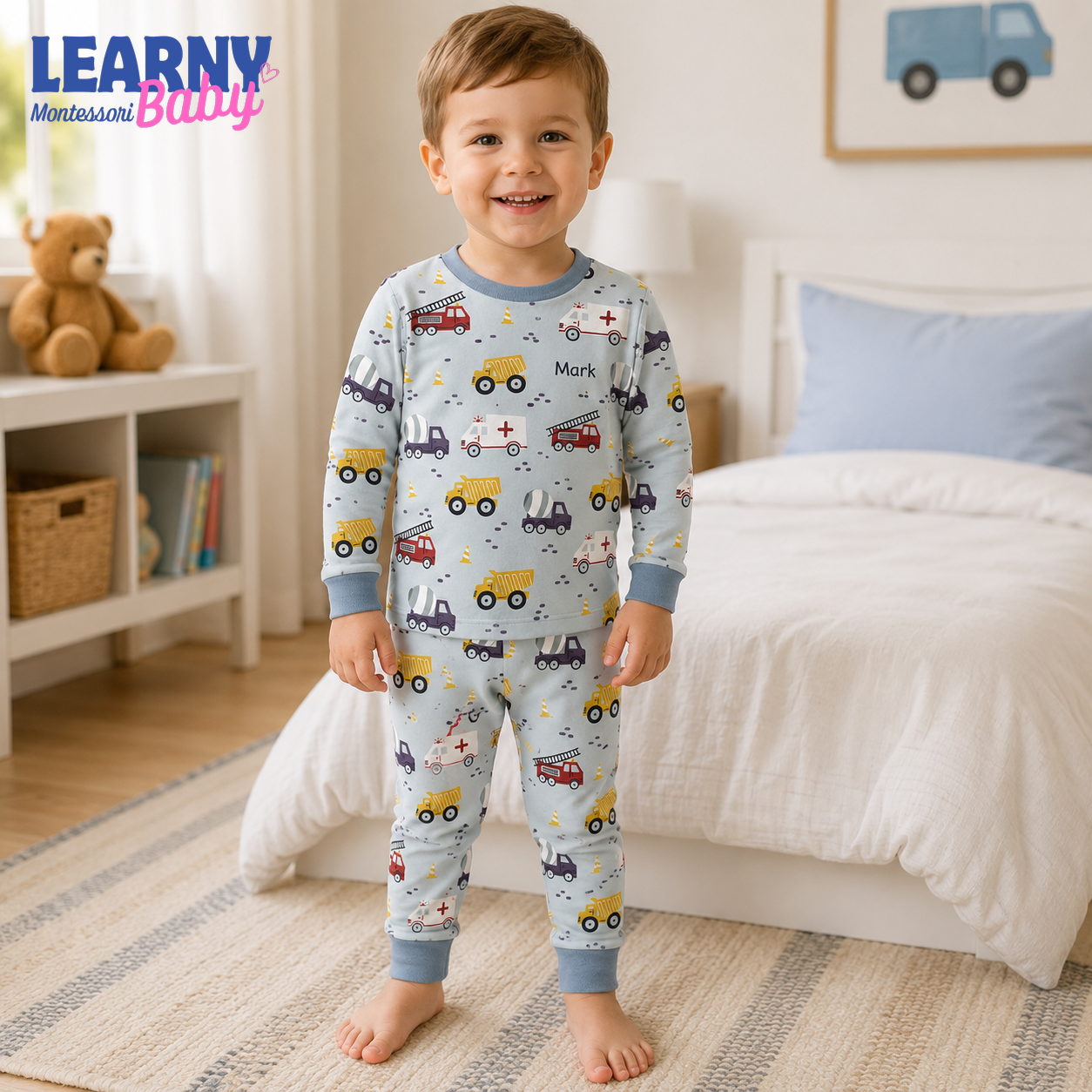 Personalized Construction Vehicle Bamboo Pajamas for Boys, Custom Name Truck Ambulance and Fire Engine Short Set