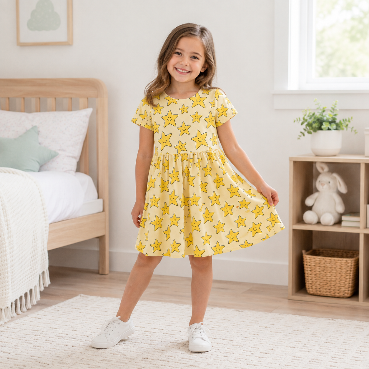 Happy Stars Bamboo Twirl Dress for Girls – Cute Yellow Star Skater Dress