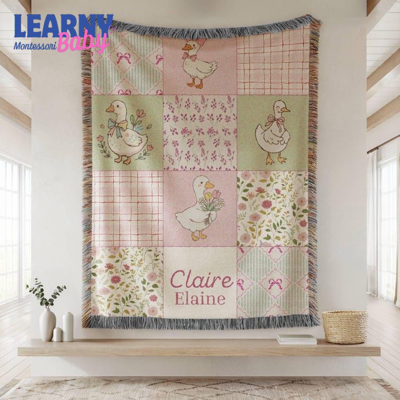 Personalized Goose Baby Woven Blanket, Custom Name Nursery Blanket, Floral Duck Baby Blanket, Vintage Farmhouse Baby Gift
