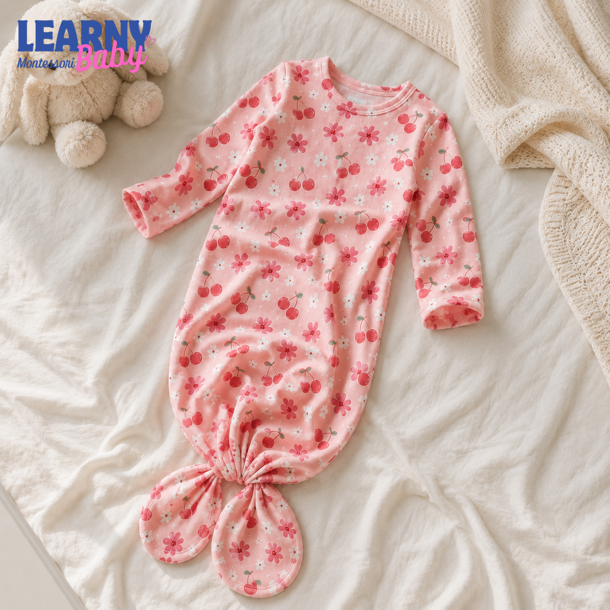 Newborn Baby Knotted Gown, Pink Floral Bamboo Sleeper, Baby Girl Hospital Coming Home Outfit