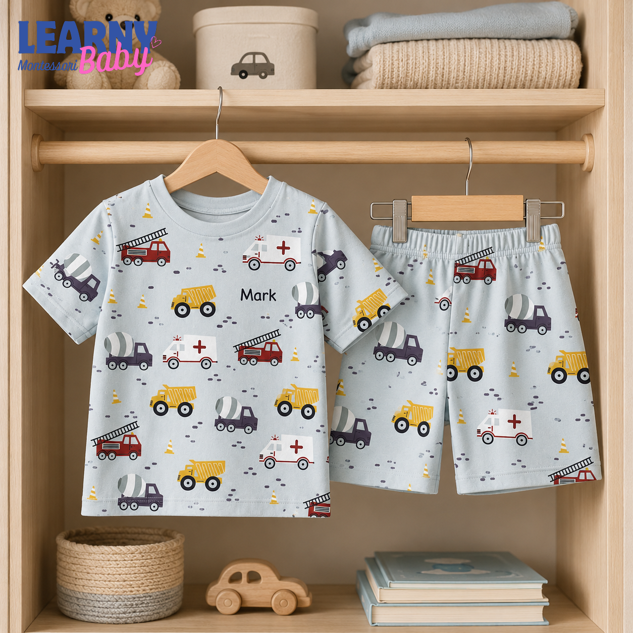 Personalized Construction Vehicle Bamboo Pajamas for Boys, Custom Name Truck Ambulance and Fire Engine Short Set