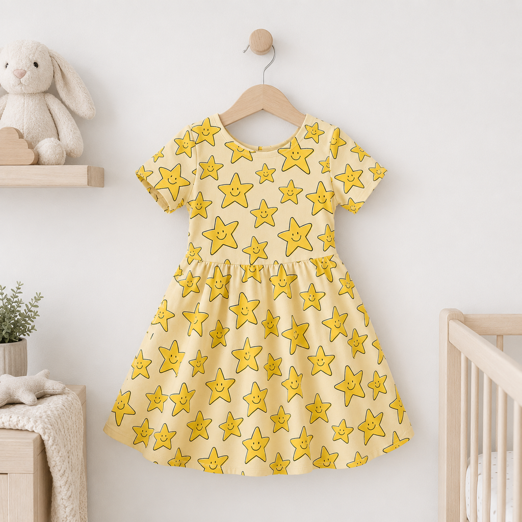 Happy Stars Bamboo Twirl Dress for Girls – Cute Yellow Star Skater Dress