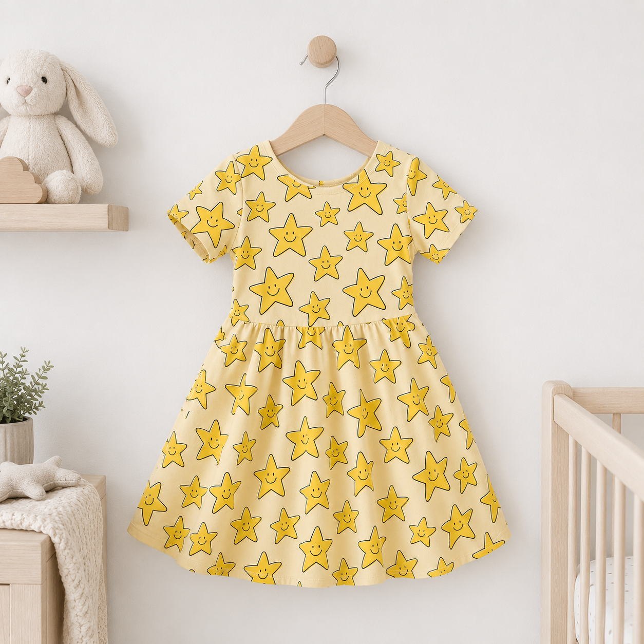 Happy Stars Bamboo Twirl Dress for Girls – Cute Yellow Star Skater Dress
