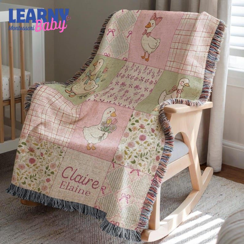 Personalized Goose Baby Woven Blanket, Custom Name Nursery Blanket, Floral Duck Baby Blanket, Vintage Farmhouse Baby Gift