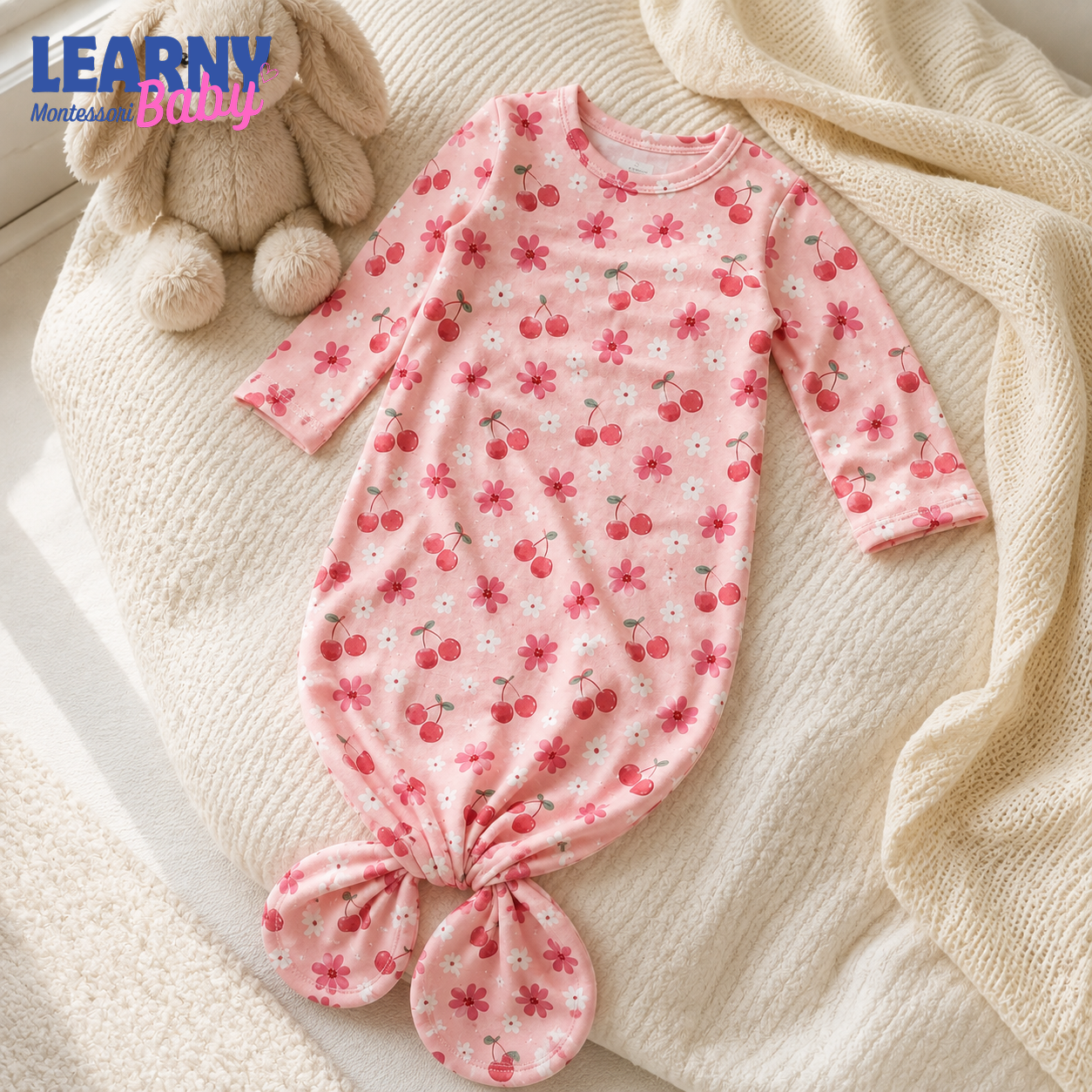 Newborn Baby Knotted Gown, Pink Floral Bamboo Sleeper, Baby Girl Hospital Coming Home Outfit