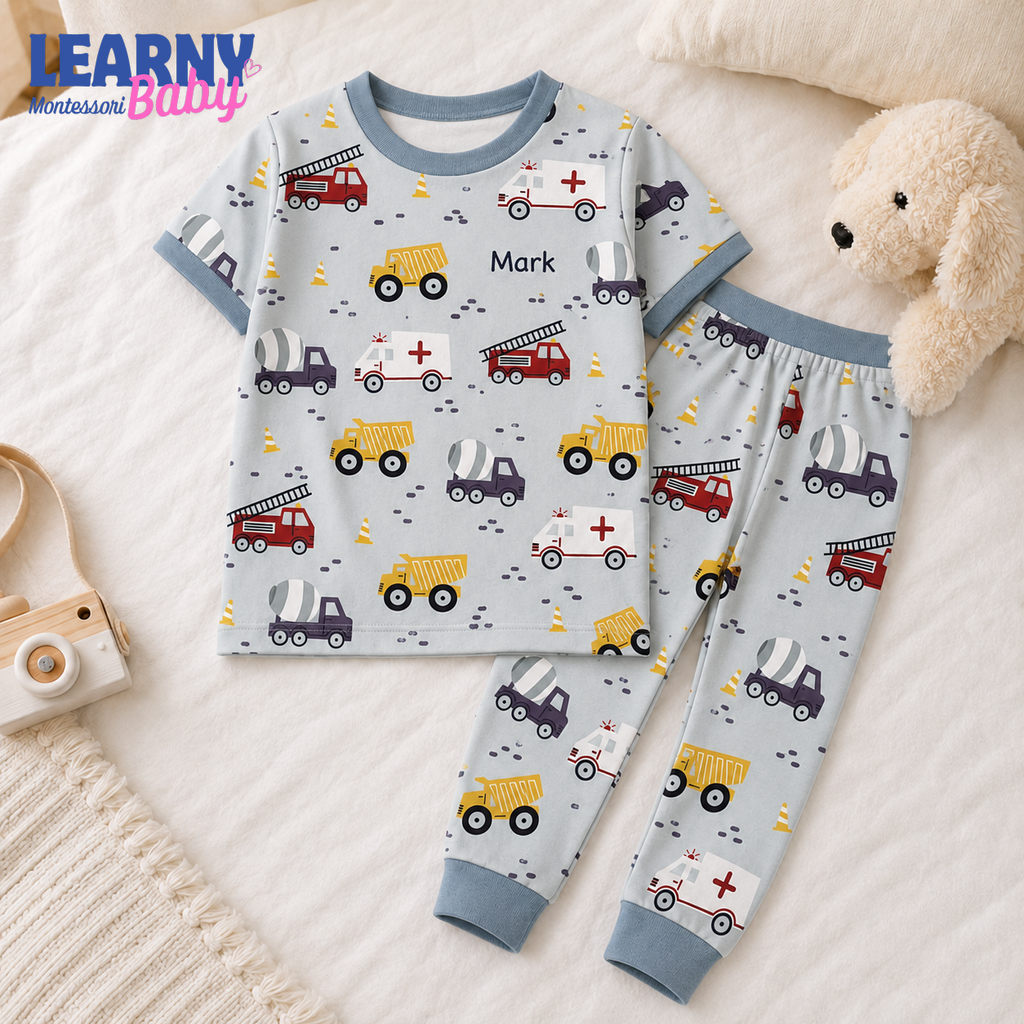 Personalized Construction Vehicle Bamboo Pajamas for Boys, Custom Name Truck Ambulance and Fire Engine Short Set