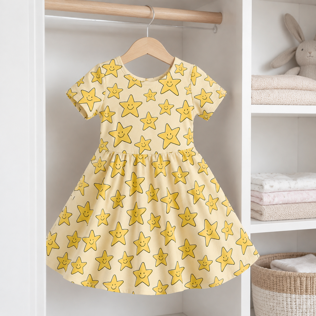 Happy Stars Bamboo Twirl Dress for Girls – Cute Yellow Star Skater Dress