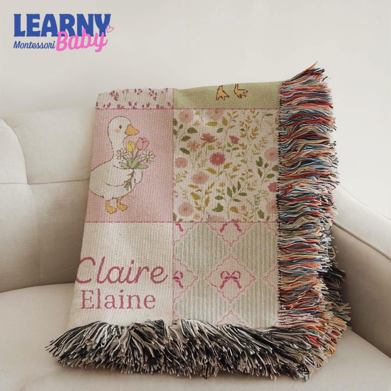 Personalized Goose Baby Woven Blanket, Custom Name Nursery Blanket, Floral Duck Baby Blanket, Vintage Farmhouse Baby Gift