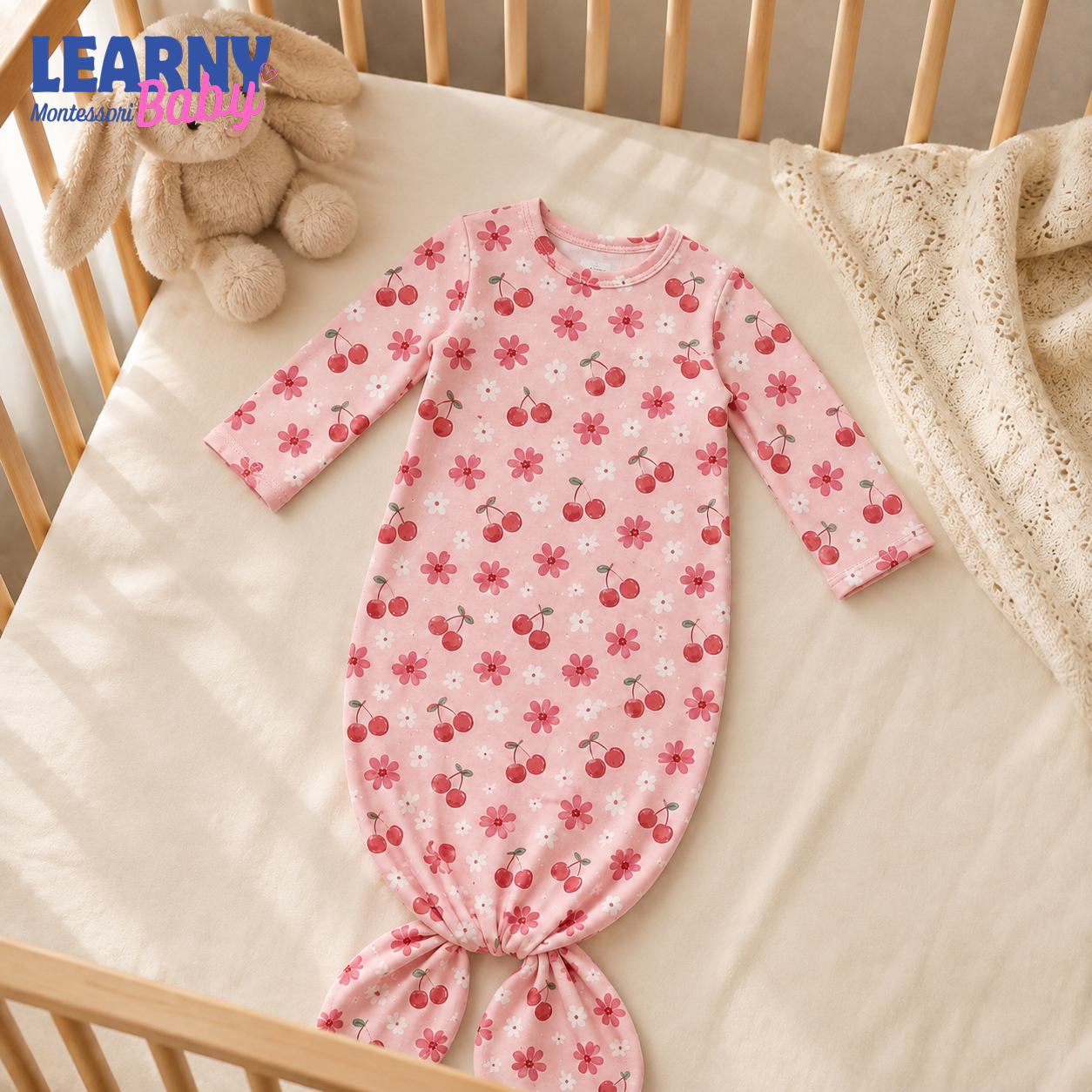 Newborn Baby Knotted Gown, Pink Floral Bamboo Sleeper, Baby Girl Hospital Coming Home Outfit
