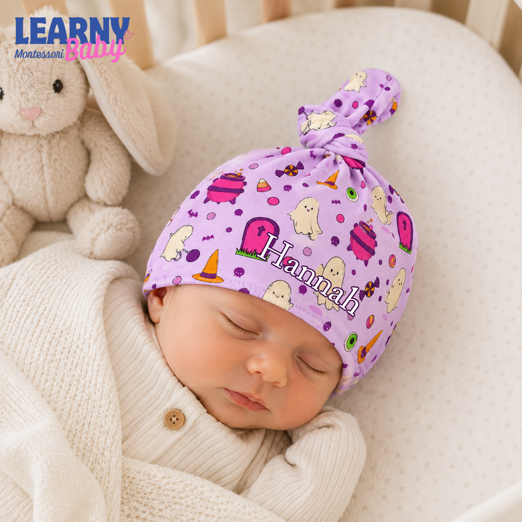 Purple Halloween Bamboo Baby Knotted Hat, Cute Ghost Witch Newborn Beanie, Baby Girl Halloween Hospital Hat
