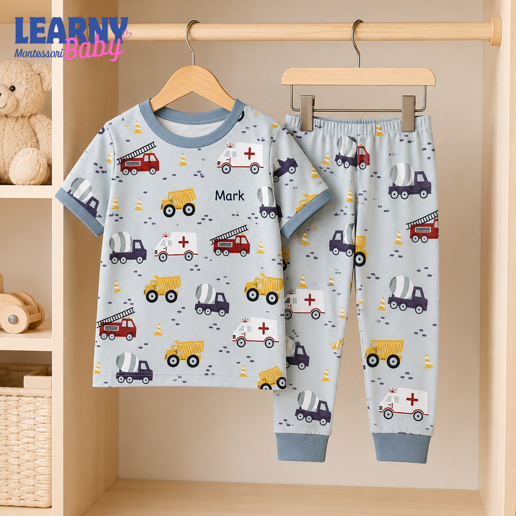 Personalized Construction Vehicle Bamboo Pajamas for Boys, Custom Name Truck Ambulance and Fire Engine Short Set